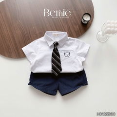 Set bộ sơ mi tay ngắn thêu gấu kèm cà vạt rời và quần short cho bé trai từ 9 đến 25kg BERNIE H0125B30