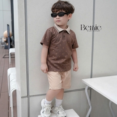 Set bộ polo tay ngắn cổ dệt màu nâu họa tiết gấu kèm quần short đùi kaki 1 đến 7 tuổi BERNIE T0225B23