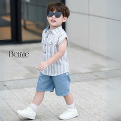 Set bộ tanktop cho bé trai áo sơ mi tanktop họa tiết kẻ xanh phối túi kèm quần short jean 9kg đến 28kg BERNIE P1224B01