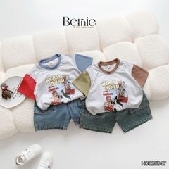 Set bộ tay ngắn phối màu họa tiết carnival kèm quần short jean cho bé trai 11kg tới 28kg BERNIE H0525B47
