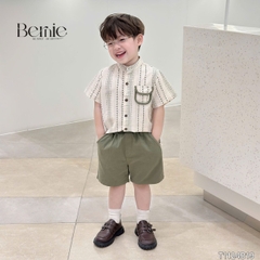 Set sơ mi cổ trụ chất đũi ngắn tay họa tiết thổ cẩm kèm quần short kaki cho bé từ 9kg tới 28kg BERNIE T1124B19
