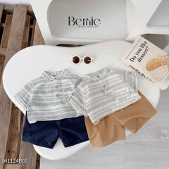  Set bộ sơ mi cổ trụ kẻ ngang phối túi viền kèm quần short kaki cho bé trai size 9 đến 28kg BERNIE H1124B65