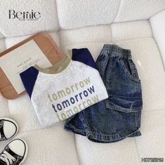 Set bộ tay ngắn raplang phối màu áo thun họa tiết Tomorrow và quần short jean bé trai 1 đến 7 tuổi BERNIE H0725B19