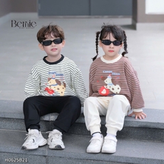 Set bộ nỉ tay dài kẻ sọc ngang phối màu họa tiết hình in cún dễ thương kèm quần dài unisex bé trai bé gái size 1 đến 7 tuổi BERNIE H0625B21
