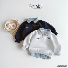 Set bộ nỉ tay dài phối cổ sơ mi sọc họa tiết thêu cún dễ thương kèm quần dài cho bé trai size 1 đến 7 tuổi BERNIE H0525B41