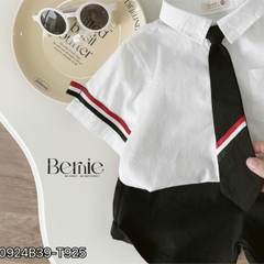 Set bộ đi chơi bé trai BERNIE áo sơ mi trắng cà vạt phối kẻ cho bé từ 9 đến 24kg