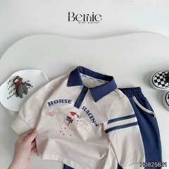 Set bộ bé trai áo thun polo cotton tay dài phối màu họa tiết ngựa kèm quần dài size 9 tới 28kg BERNIE H0825B31