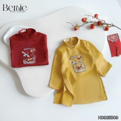 Set áo dài bé trai kèm quần chất lụa vân gỗ họa tiết thêu Hạc xuân mặc Tết size 9 đến 25kg BERNIE H0925B09