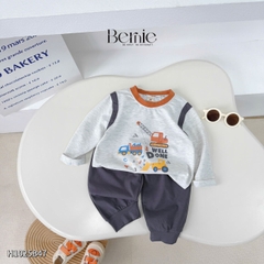 Set bộ dài tay cố áo và tay phối màu chất cotton họa tiết xe cẩu kèm quần dài size 9 tới 25kg BERNIE H1025B47