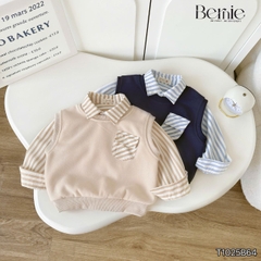 Set gilê kẻ 3 chi tiết áo sơ mi dài tay áo gi lê quần kaki cho né trai 1 đến 7 tuổi BERNIE 0724B40