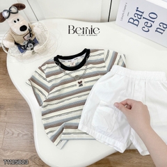  Set bộ kẻ ngang cho bé trai áo cotton tay ngắn đính tag kèm quần short kaki size 9kg tới 28kg BERNIE KIDS T1125B23