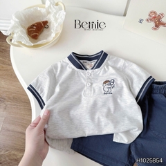 Set bộ tay ngắn áo cổ trụ họa tiết Gấu bóng chày kèm quần short bé trai size 9 tới 28kg BERNIE H1025B54