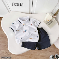 Set bộ Polo Xe tinh nghịch cho bé trai áo thun polo tay ngắn và quần short kaki size 9 tới 28kg BERNIE T1125B08Đ