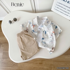  Set sơ mi 3 chi tiết tay ngắn cho bé trai họa tiết Mèo Khám Phá kèm quần short kaki size 9 tới 28kg BERNIE H1025B74Đ