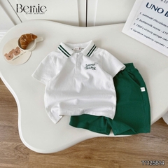Set bộ polo tay ngắn cổ dệt thêu họa tiết Holiday xanh kèm quần short size 9 tới 28kg BERNIE T1125B14