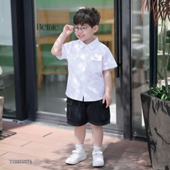 Set bộ tay ngắn cho bé trai áo sơ mi trắng kèm quần short jean phong cách Little Boss size 9 tới 28kg BERNIE T1025B67Đ 