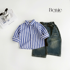 Áo sơ mi kẻ sọc dài tay phong cách STREET màu đỏ màu vàng màu xanh cho bé trai size 9kg tới 25kg BERNIE H1025B77Đ 