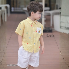  Set bộ sơ mi tay ngắn cho bé trai họa tiết kẻ vàng Happy Star kèm quần short kaki size 11 đến 28kg BERNIE H1225B25