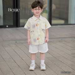 Set bộ sơ mi bé trai đi chơi đi biển áo tay ngắn họa tiết Papa Cat kèm quần short 11 tới 28kg BERNIE H1225B28