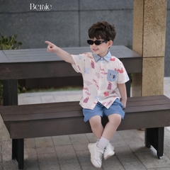 Set bộ đi chơi tay ngắn áo sơ mi họa tiết in tràn Idol cho bé trai kèm quần short denim size 11 đến 28kg BERNIE T1255B13