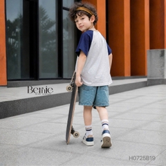 Set bộ tay ngắn raplang phối màu áo thun họa tiết Tomorrow và quần short jean bé trai 1 đến 7 tuổi BERNIE H0725B19