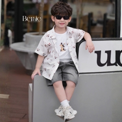  Set sơ mi 3 chi tiết áo tay ngắn họa tiết in tràn Cún áo ba lỗ kèm quần short kaki cho bé trai 9 tới 28kg BERNIE H1225B38