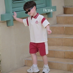 Set bộ polo tay ngắn cổ dệt họa tiết huy hiệu kèm quần short cho bé trai size 11 tới 28kg BERNIE H0226B33