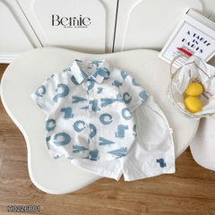 Set bộ sơ mi tay ngắn cho bé trai họa tiết cá sấu vui nhộn kèm quần short kaki size 11kg tới 28kg BERNIE H0226B01