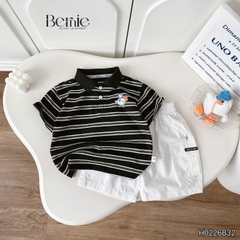 Set bộ tay ngắn áo polo họa tiết kẻ Happy Duck kèm quần short kaki cho bé trai size 9 đến 28kg BERNIE H0226B32