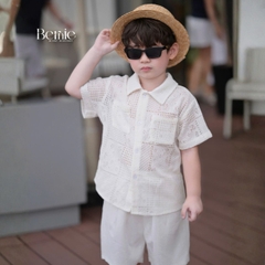 Set bộ sơ mi tay ngắn áo ren kèm quần short đũi trắng cho bé trai đi chơi đi biển size 9 tới 27kg BERNIE T0326B07