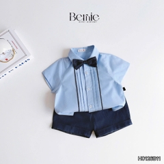 Set sơ mi bé trai công tử màu xanh trắng có nơ mặc thôi nôi sinh nhật sự kiện 1 đến 7 tuổi BERNIE H0725B73