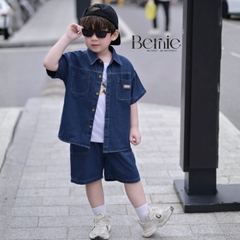 Set bộ sơ mi denim cho bé trai áo sơ mi phối túi kèm quần short size 9 đến 28kg BERNIE T0126B13Đ