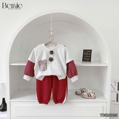 Set bộ cotton phối kẻ BNE Sport áo tay dài kèm quần cho bé trai size 9 tới 25kg BERNIE T0526B35