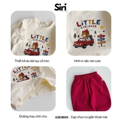 Set bộ dài tay chất thun cotton áo be họa tiết Little Explorer kèm quần dài đỏ size 10 tới 27kg BERNIE SIRI 6383BDK
