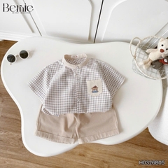 Set bộ sơ mi nâu gấu Lucky áo cổ trụ tay ngắn caro kèm quần short cho bé trai từ 11 đến 28kg BERNIE H0326B05