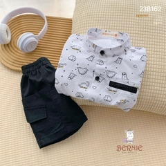 Set đồ bộ sơ mi tơ đũi ngắn tay cho bé trai đi biển đi chơi áo họa tiết hoa lá cây dừa nổi bật kèm quần BERNIE
