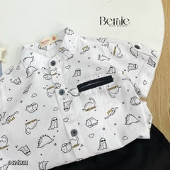 Set đồ bộ sơ mi tơ đũi ngắn tay cho bé trai đi biển đi chơi áo họa tiết hoa lá cây dừa nổi bật kèm quần BERNIE