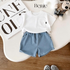 Set bộ tay ngắn basic áo thun túi lệch kèm quần short kaki denim cho bé trai đi chơi đi học size 9kg tới 25kg H0226B25Đ AT3M