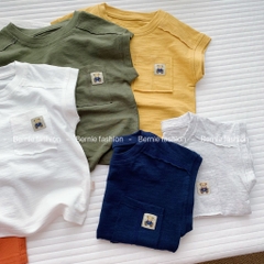 Áo tanktop cotton xược túi ngực thêu gấu dáng hàn quốc cho bé trai bé gái từ 9đến 24kg BERNIE 23A026