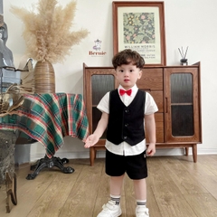Bộ quần áo vest set sơ mi công tử bé trai đính nơ rời kèm quần short ngắn mặc sinh nhật đi chơi đi tiệc 1 đến 7 tuổi BERNIE