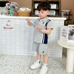 Set bộ thun cho bé trai bé gái unisex phong cách thể thao polo phối sọc kết hợp quần ngắn từ 8 đến 25kg BERNIE 1123B007