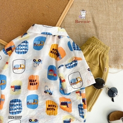 Set sơ mi tơ đũi cho bé trai đi biển đi chơi áo họa tiết hoa lá cây dừa nổi bật kèm quần BERNIE