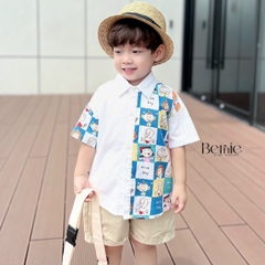Set sơ mi họa tiết hoạt hình cho bé trai kèm quần short kaki ngắn đi chơi đi học 1 đến 7t BERNIE 0324B11