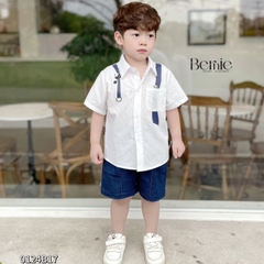 Set bộ sơ mi họa tiết gấu trúc ngắn tay cho bé trai kèm quần short jean size 1 đến 7 tuổi BERNIE 0124B17