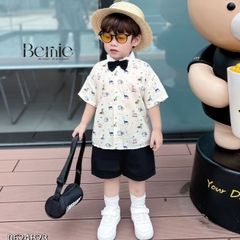 Set bộ quần áo set sơ mi công tử ngắn tay bé trai đính nơ rời mặc sinh nhật đi chơi đi tiệc 1 đến 7 tuổi BERNIE
