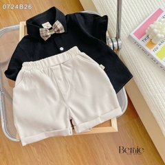 Set bộ vest gile công tử bé trai áo sơ mi tay ngắn màu đen phối gile kèm nơ 1 đến 7T BERNIE 0724B26