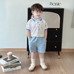 Set đồ thun bé trai polo áo ngắn phông màu trắng quần kaki mềm họa tiết thuyền 1 đến 7 tuổi BERNIE 1223B010T