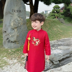 Áo dài cách tân bé trai mặc tết chất tafta thêu hạc màu xanh màu đỏ size 10 đến 25kg BERNIE 0824B37