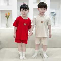 Đồ bộ unisex tay ngắn chất thun tăm cho bé trai bé gái họa tiết thêu gấu size từ 9 đến 24kg BERNIE H0125B14