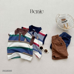 Set bộ polo kẻ ngang tanktop thêu gấu cho bé trai kèm quần short jean phong cách Hàn quốc 9 đến 28kg BERNIE H0125B35